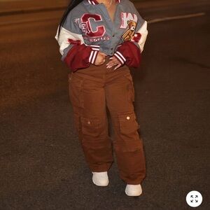 Fashion Nova Gray and Red cropped Cali jacket